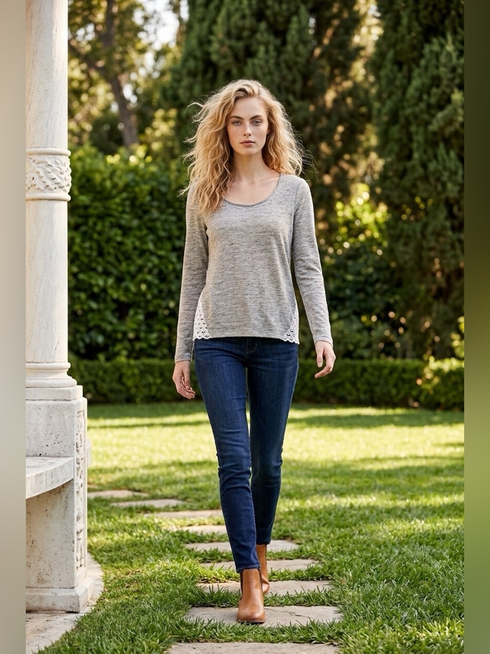 Claudie Pierlot Linen Knit Long Sleeve Scoop Neck with Lace Trim Side Panels